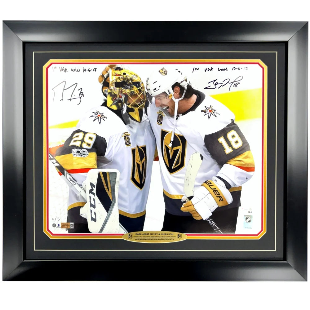 Marc-Andre Fleury James Neal Signed 1st Goal Win Vegas Golden Knights 16x20 Photo #D/15 Framed