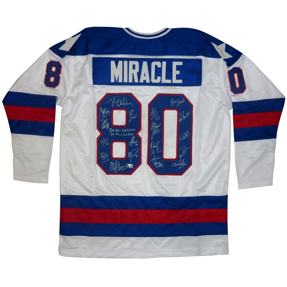1980 U.S. Olympic Hockey Team Autographed (USA White #80) Custom Jersey - Miracle On Ice - 18 Member Signatures