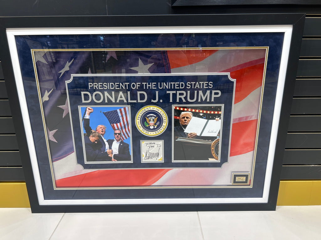 PRESIDENT DONALD J. TRUMP SIGNED CUT SIGNATURE FRAMED WITH METAL FLAG L/E 1 OF 1 JSA