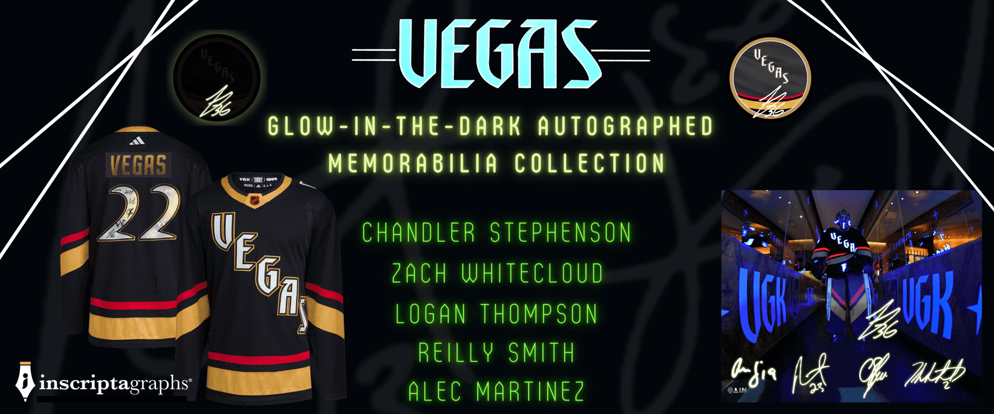 Shop the Vegas Hockey Retro Glow in the Dark Autographed Memorabilia Collection featuring autographs of Chandler Stephenson, Zach Whitecloud, Alec Martinez, Logan Thompson and Reilly Smith! Purchase signed hockey pucks, jerseys, photos, game day posters & more!