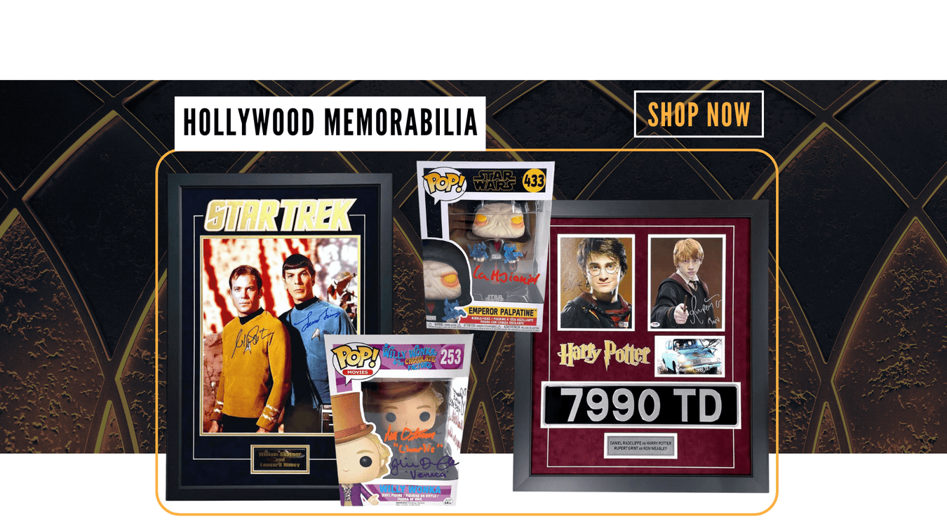 Shop Inscriptagraphs' Hollywood memorabilia collection by clicking here. Shown in the graphic photo is a William Shatner / leonard nimoy 16x20 photo dual signed and framed, funko pops of the kids from willy wonka and the emperor in star wars as well as a Harry potter framed collage feturing the signatures of Daniel Radcliffe and Rupert Grint and a license plate from the movie