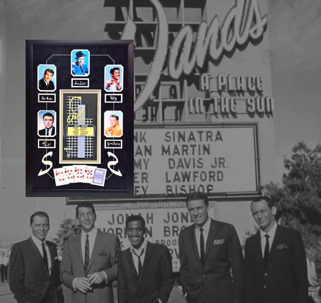 Click this graphic to Shop Inscriptagraphs' collection of Las Vegas history and artifacts collection. Pictured is a display of the rat pack framed with facsimile signatures on top of a graphic of the Rat pack group pictured in front of the Sands hotel sign featuring all the members names and pictures.