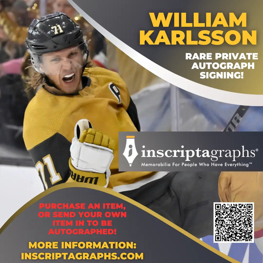 Get your autograph of William Karlsson. A very rare signing, pre-purchase autographs or mail in your item to be autographed. The signing is after the NHL playoffs, 2025.
