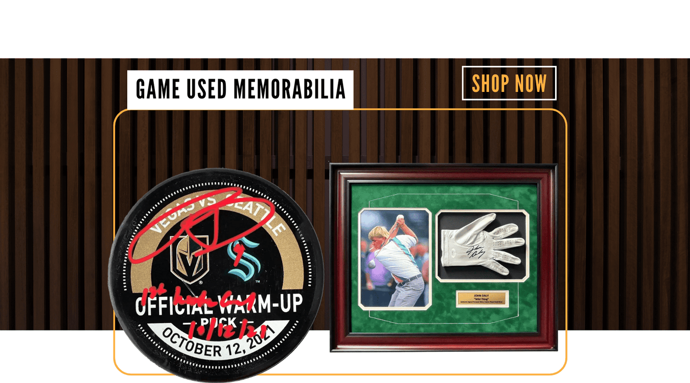 Shop Inscriptagraphs' Game Used memorabilia collection by clicking here. Shown in the graphic photo is a Ryan Donato signed seattle kraken hockey puck from their october 12, 2021 game vs. the vegas golden knights as well as a John daly framed golf glove he used and signed with a picture of John swinging his golf club