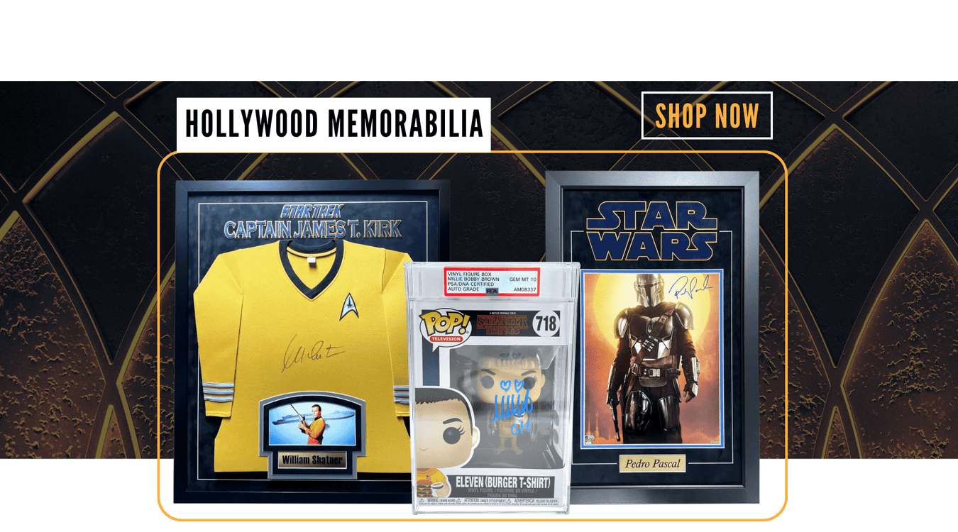 Shop Inscriptagraphs' Hollywood memorabilia collection by clicking here. Shown in the graphic photo is a William Shatner signed Star Trek shirt framed, Pedro Pascal Signed 11x14 Star Wars Mandalorian Photo framed and a Millie bobby brown signed funko pop from strangers things encapsulated by PSA/DNA.