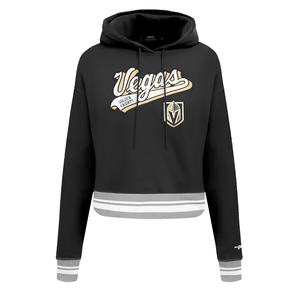 Women's Pro Standard Vegas Golden Knights Black Script Tail Fleece Cropped Pullover Hoodie