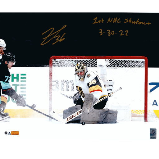 Logan Thompson Signed Inscribed 1st Shutout Vegas Golden Knights 16x20 Photo IGM