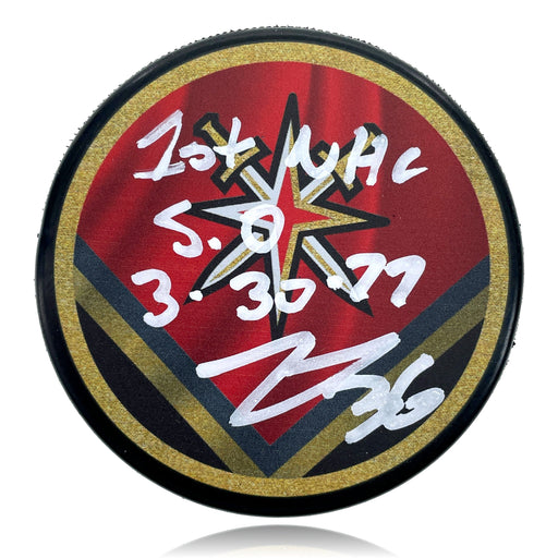 Logan Thompson Signed Vegas Golden Knights Retro Puck Inscribed ’1st Save 3-30-22’ #D/15 COA IGM