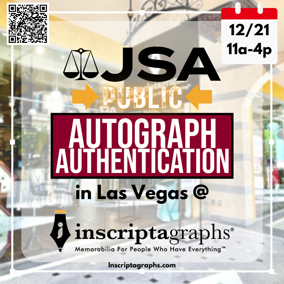 Come to Inscriptagraphs to have your items authenticated by the experts at James Spence Authentication from 11am to 4pm on DECEMBER 21, 2025. Click this link to inquire for more information!