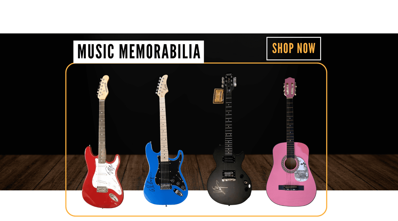 Shop Inscriptagraphs' Music memorabilia collection by clicking here. Shown in the graphic photo are 4 guitars that are autographed by random musicians. One guitar is red and white, the other is primarily blue with a black pick guard, the next is all black and the last is all pink. Shop now.
