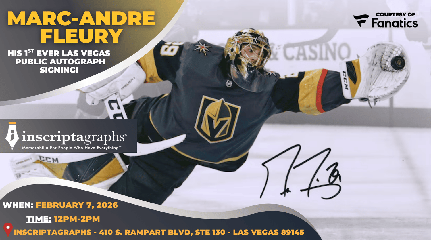 MEET FUTURE HOCKEY HALL OF FAMER, MARC-ANDRE FLEURY AT INSCRIPTAGRAPHS ON FEBRUARY 7, 2026!