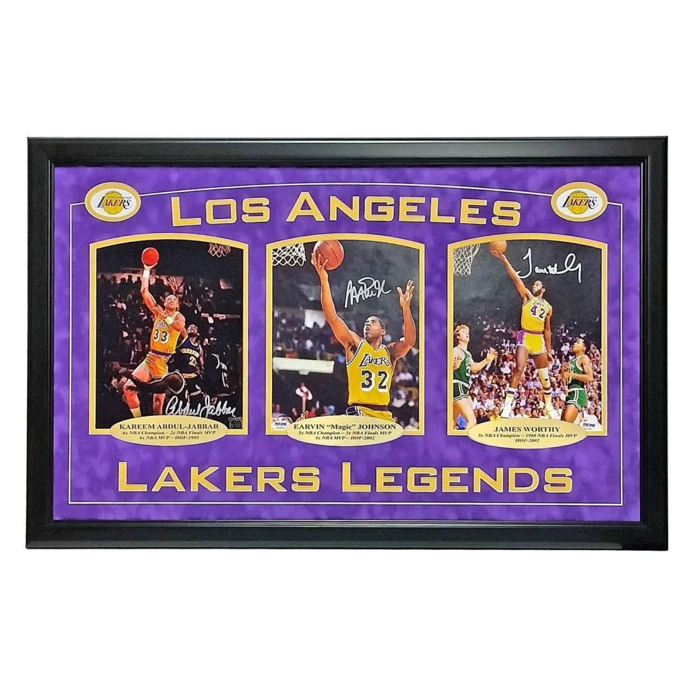 Abdul Jabbar Magic Worthy Signed Triple 8X Framed Lakers Johnson Kareem James