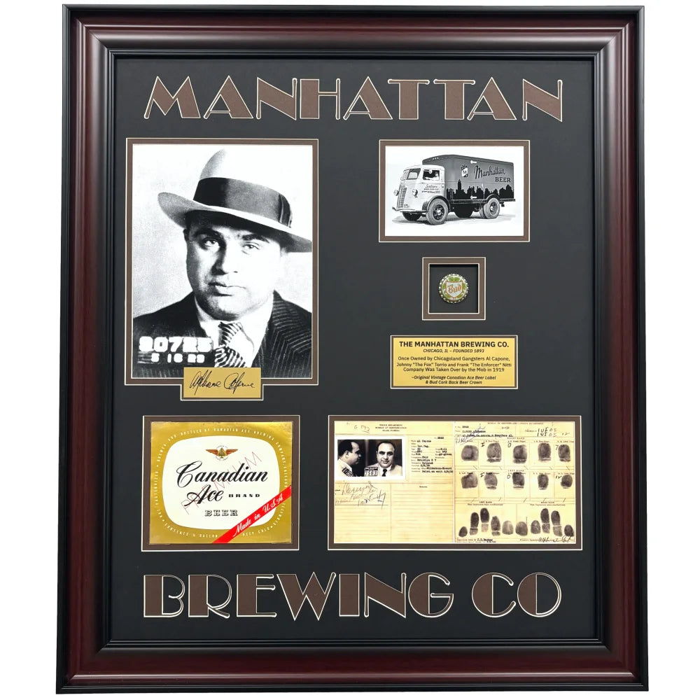 Al Capone Owned Manhattan Brewing Original Artifacts Framed Mafia Mob Label Cap