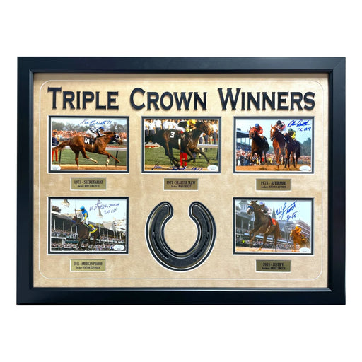 All Triple Crown Winners Signed Horse Photo Collage Framed JSA Turcotte Espinoza