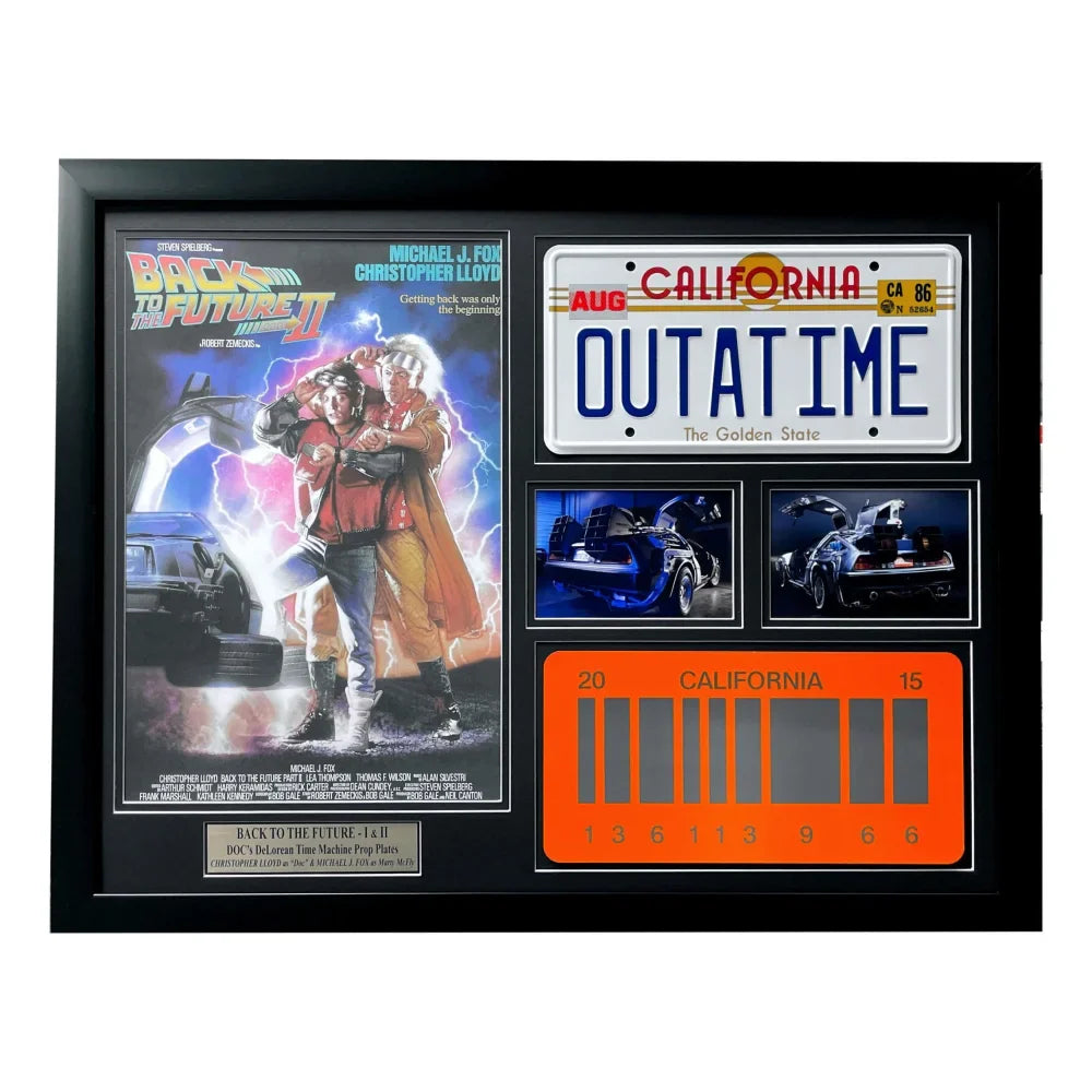 ’Back to the Future 1 & 2’’ DeLorean Double Movie Car License Plate Framed Collage Michael J. Fox Christopher Lloyd