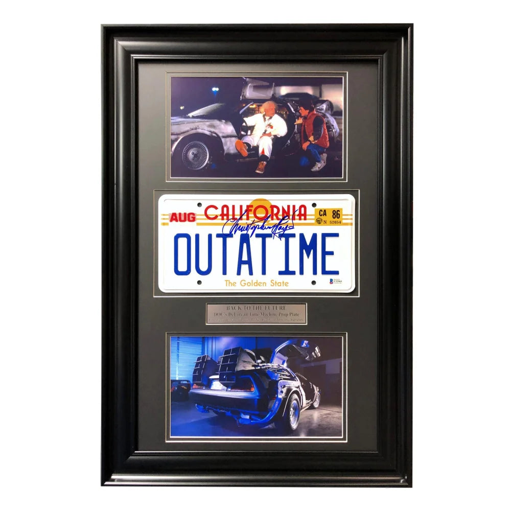 ’Back to the Future’ Christopher Lloyd Signed Delorean Movie Car License Plate Framed Collage BAS