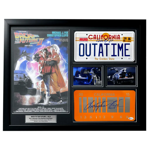 ’Back to the Future’ DeLorean Michael J. Fox / Christopher Lloyd Autographed License Plate Framed Collage JSA BAS COA