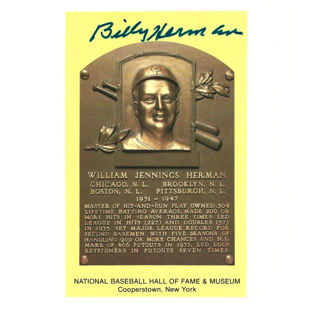 Billy Herman Signed HOF Plaque Postcard JSA COA Chicago Cubs Autograph