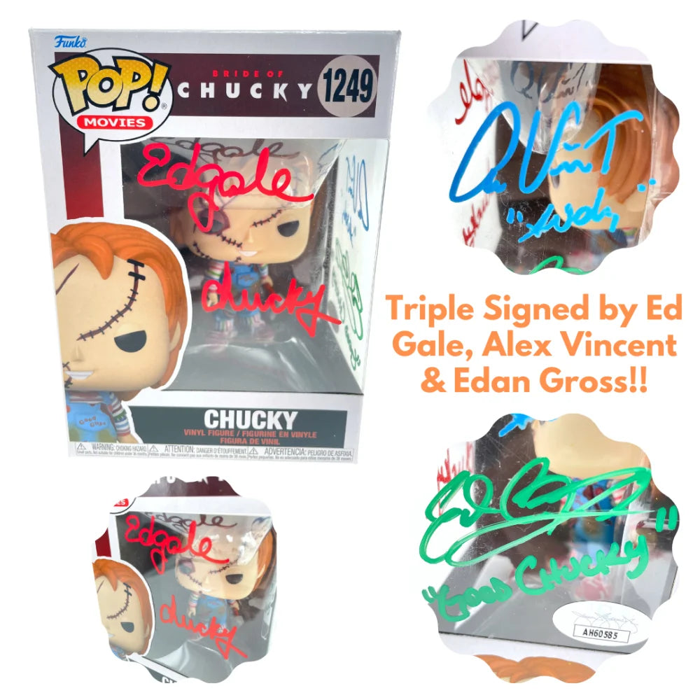 Chucky Funko Pop #1249 Signed x3 Ed Gale Alex Vincent Edan Gross JSA COA Autographed