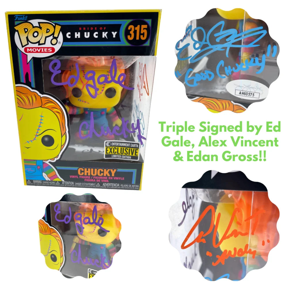 Chucky Funko Pop #315 Neon Autographed x3 Ed Gale Alex Vincent Edan Gross JSA COA Signed