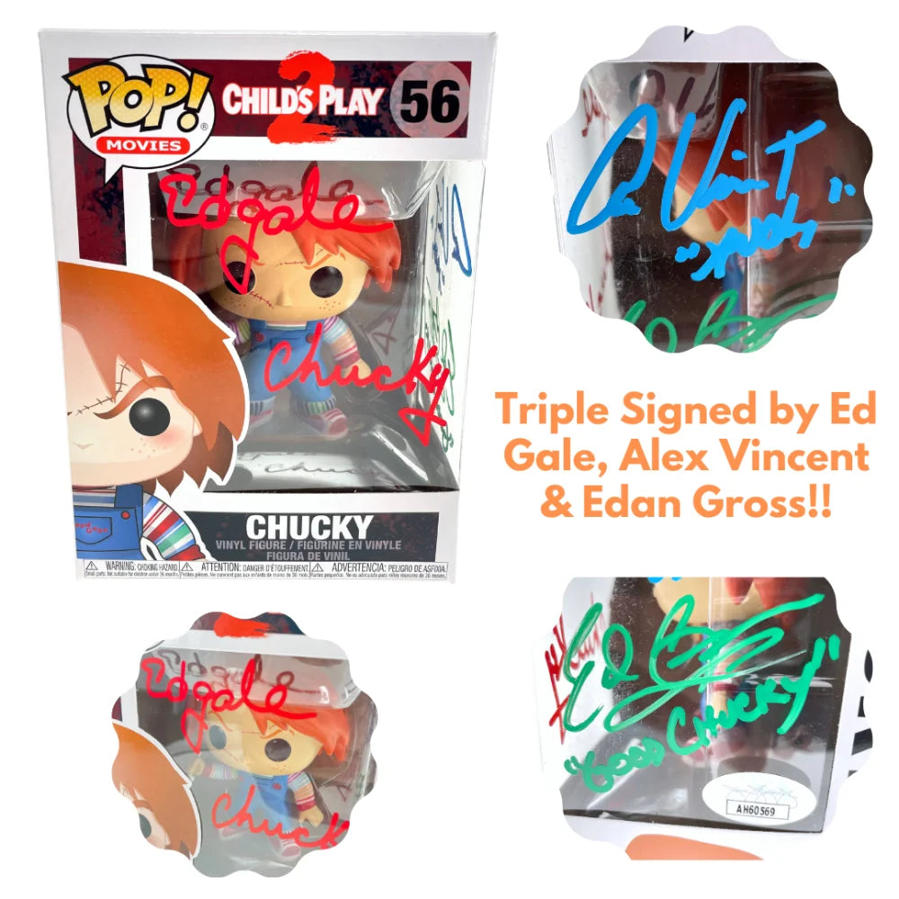 Chucky Funko Pop #56 Signed x3 Ed Gale Alex Vincent Edan Gross JSA COA Autographed Child’s Play