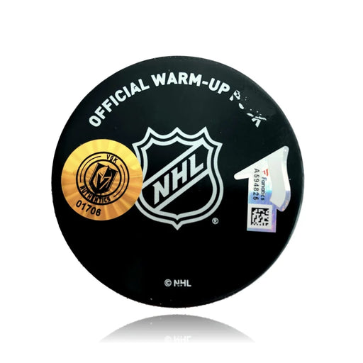 Cody Glass Signed Inscribed ’1st NHL Game & Debut’ Used Warm Up Puck vs. Sharks BAS COA Vegas Golden Knights