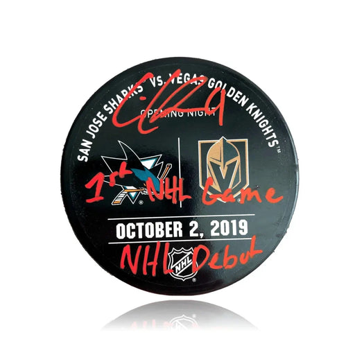 Cody Glass Signed Inscribed ’1st NHL Game & Debut’ Used Warm Up Puck vs. Sharks BAS COA Vegas Golden Knights