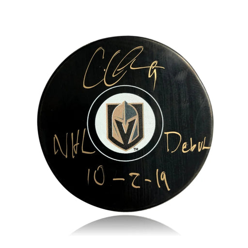 Cody Glass Signed Vegas Golden Knights Puck Inscribed ’NHL Debut 10/2/19’’ BAS COA Autograph VGK