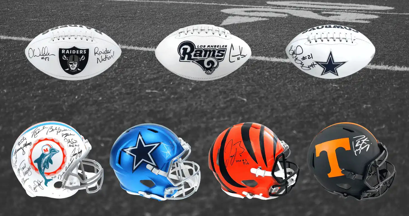 Collection of NFL team footballs and helmets showing different team logos including the Raiders, Rams, Cowboys, Dolphins, Bengals, and Tennessee.