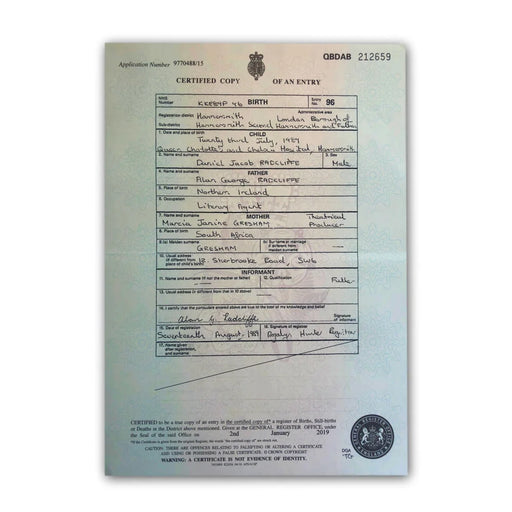 Daniel Radcliffe Certified UK Birth Certificate Copy Authentic Harry Potter J.K. Rowling