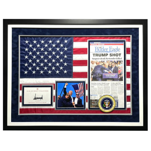 Donald Trump Autographed USA Flag Framed with Butler PA Newspaper JSA Assassination Signed President