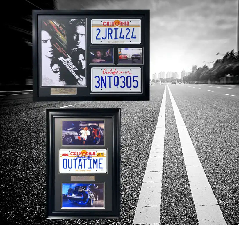 Framed collection of license plates and movie memorabilia from ’Back to the Future.’