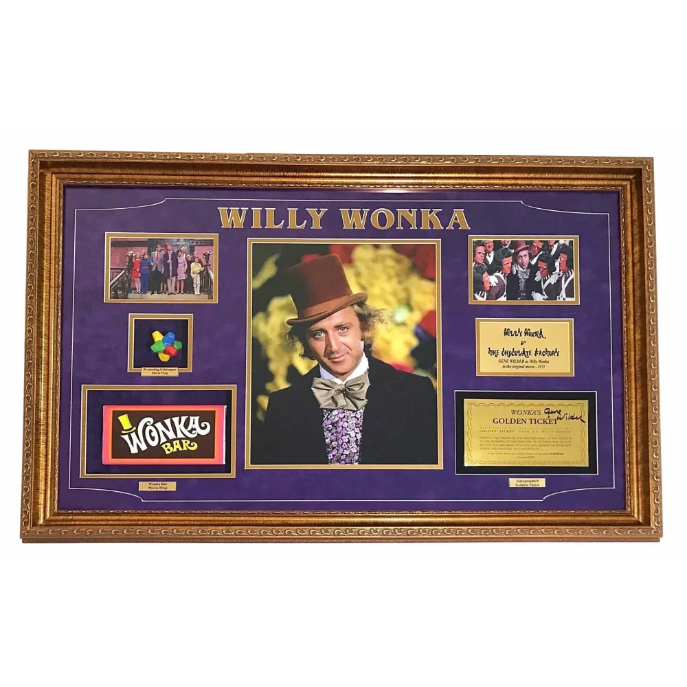 Gene Wilder Signed Golden Ticket Willy Wonka Framed Collage PSA COA W/ Gobstopper