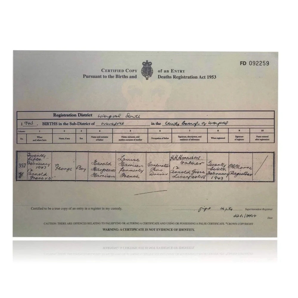 George Harrison Authentic Certified UK Birth Certificate Copy Beatles