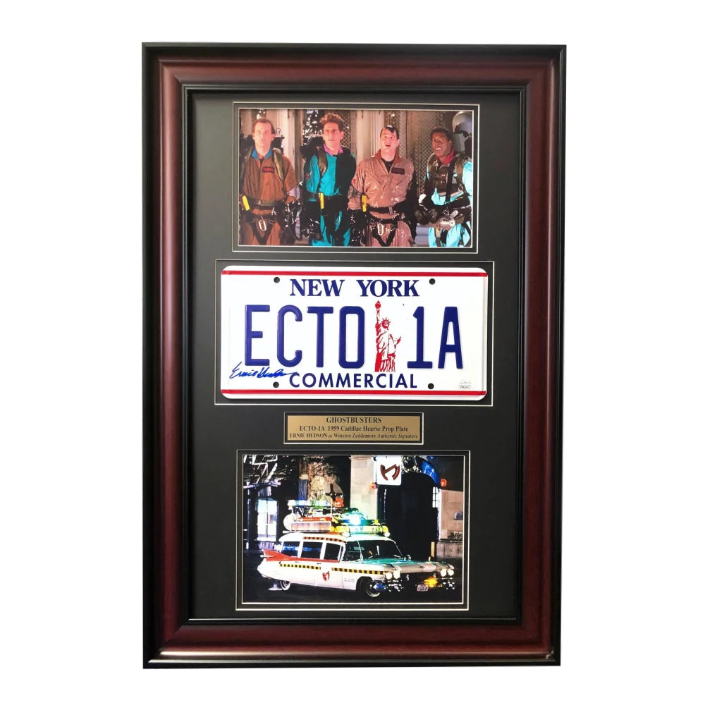 ’Ghostbusters’ Ernie Husdon Signed Cadillac Ecto-1A Movie Car License Plate Framed Collage JSA COA Autograph