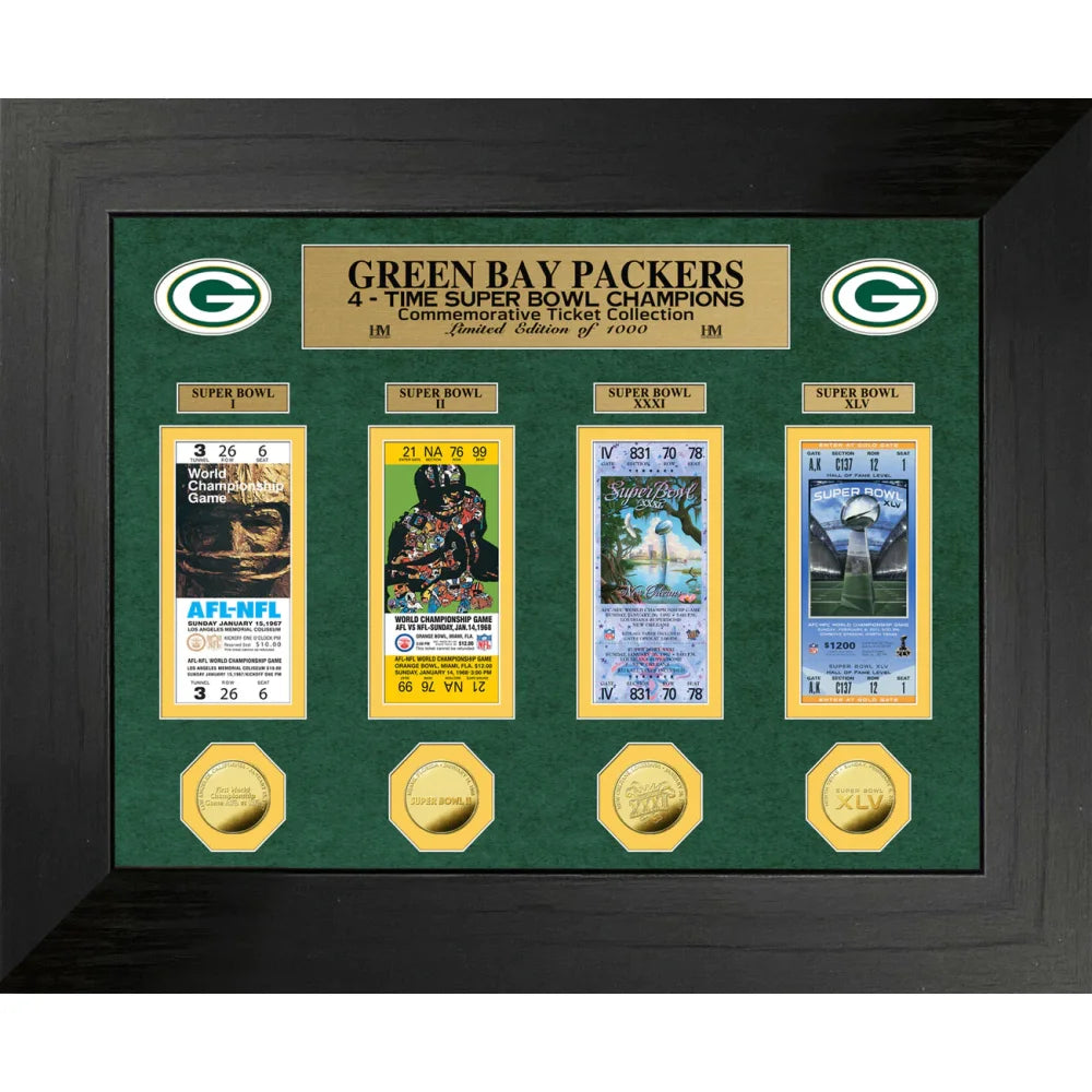 Green Bay Packers Super Bowl Ticket And Game Coin Collection Framed Collage