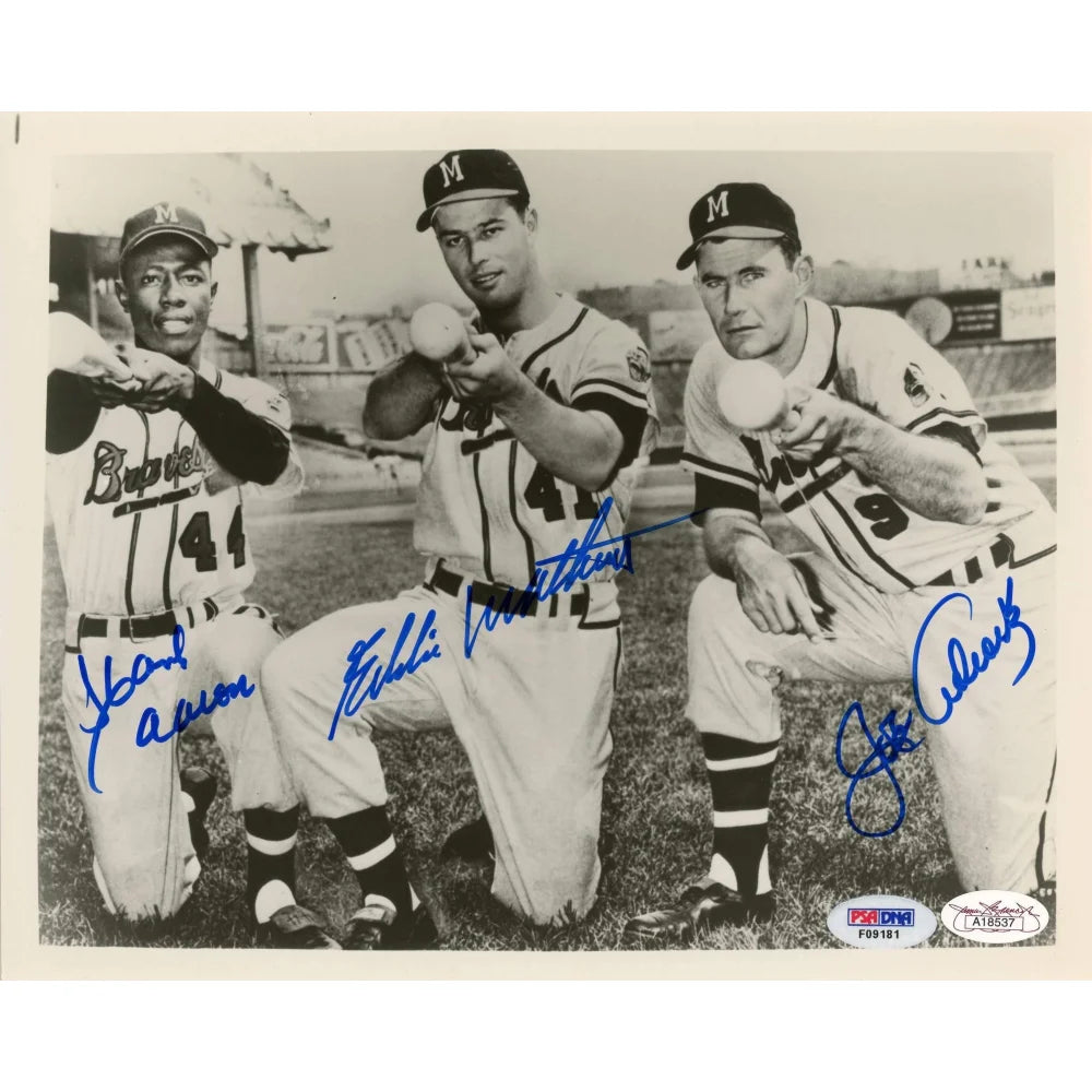 Hank Aaron Eddie Mathews Joe Adcock Signed 8x10 Photo Braves PSA JSA COA Autograph