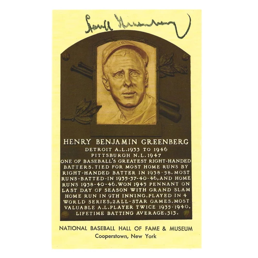 Hank Greenberg Signed HOF Plaque Postcard JSA COA Detroit Tigers Autograph