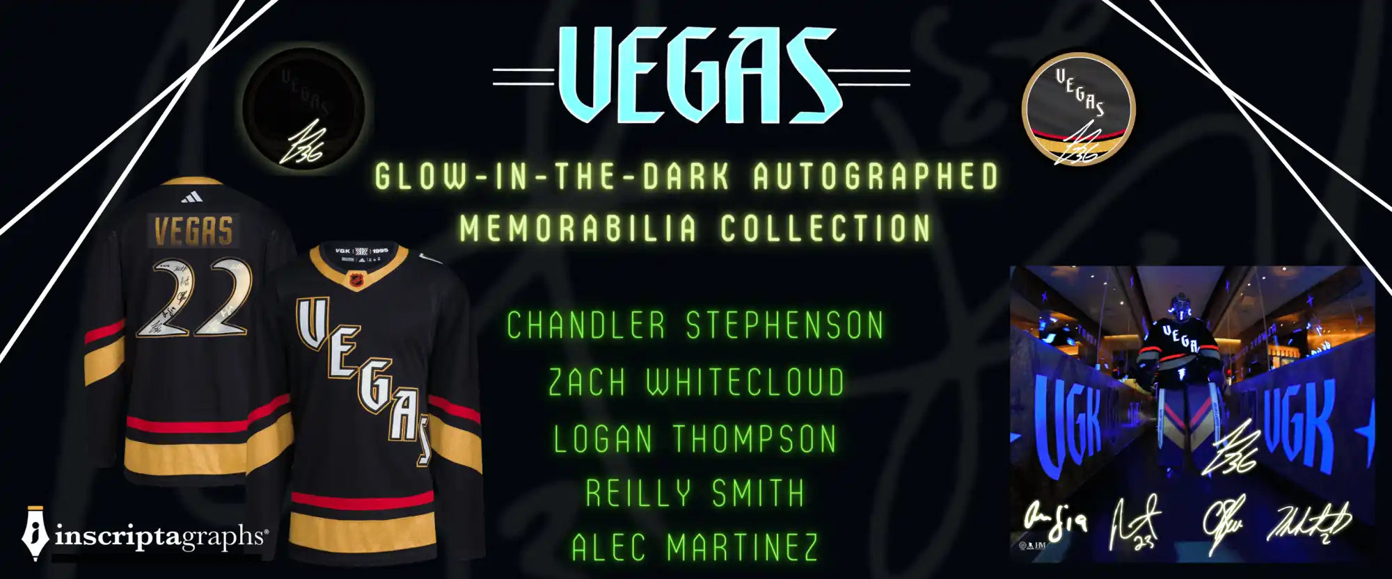 Shop the Vegas Hockey Retro Glow in the Dark Autographed Memorabilia Collection featuring autographs of Chandler Stephenson, Zach Whitecloud, Alec Martinez, Logan Thompson and Reilly Smith! Purchase signed hockey pucks, jerseys, photos, game day posters & more!