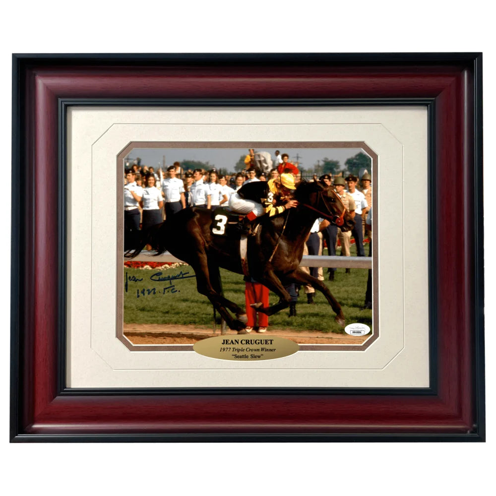 Jean Cruguet Autographed Seattle Slew Horse Racing 8x10 Photo Framed JSA COA