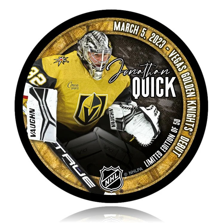 Jonathan Quick Signed Vegas Debut Puck #D/32 - Preorder Private Autograph Signing