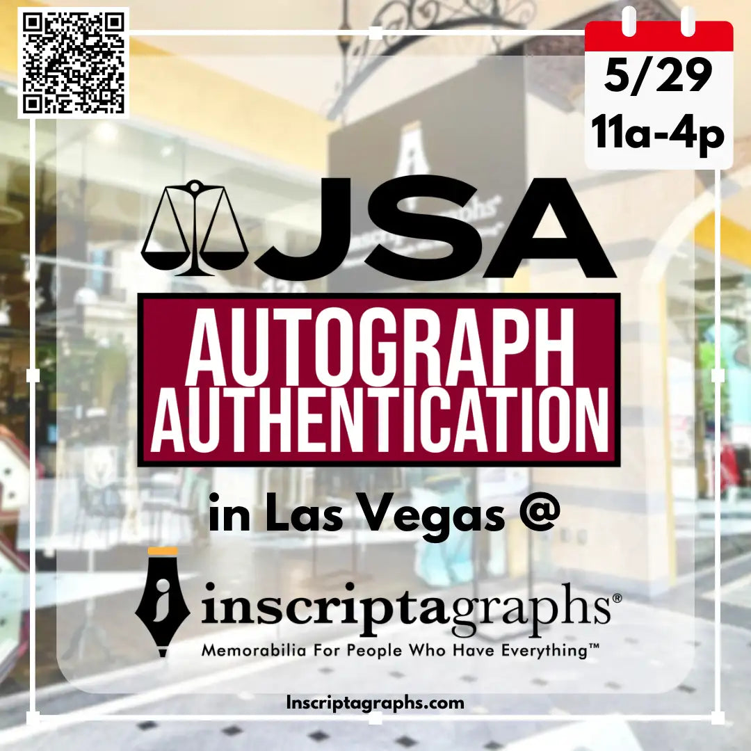 Jsa autograph authentication event poster featuring bold black and maroon text with a scale icon, promoting an in-person gathering at inscriptagraphs.