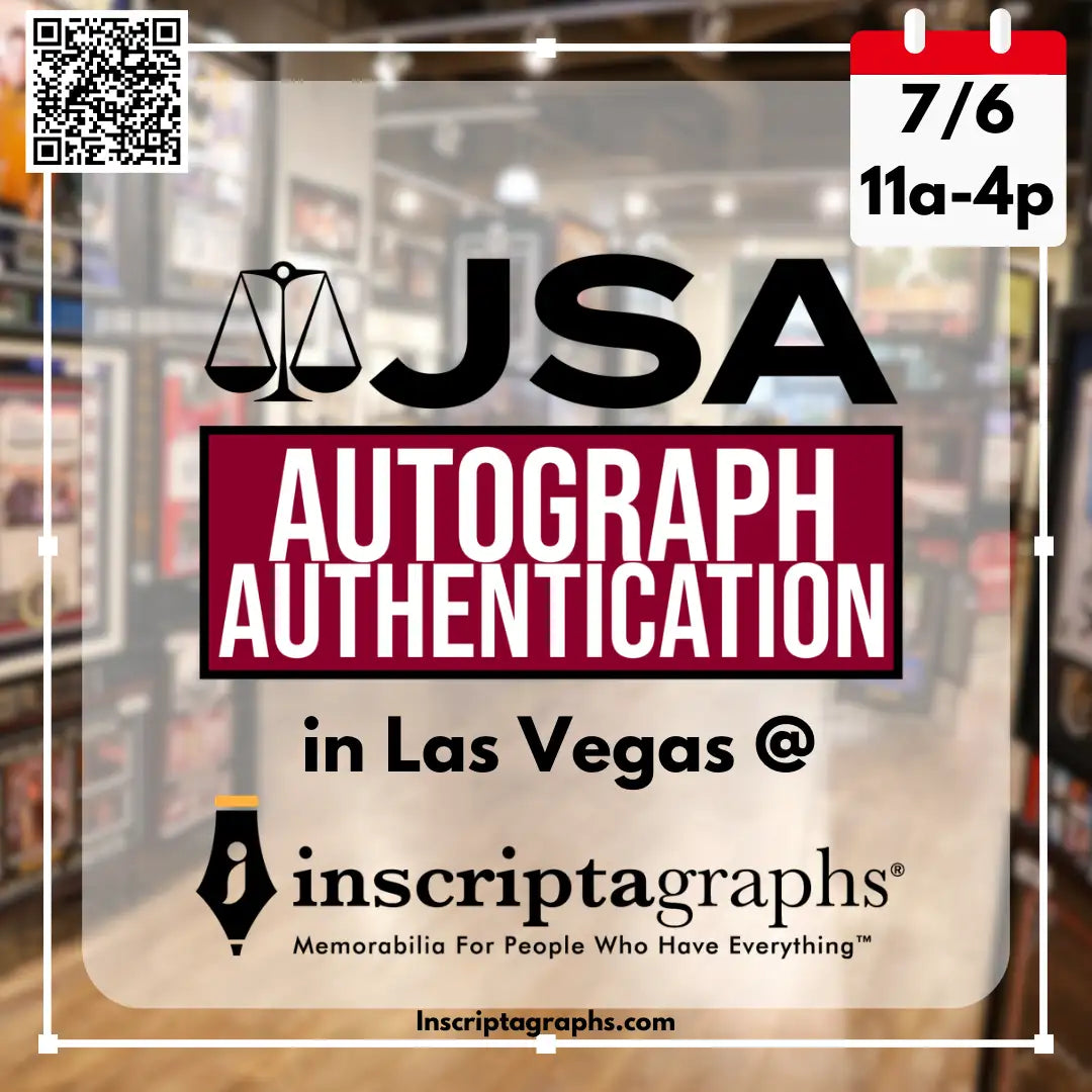 Jsa autograph authentication event poster for las vegas, featuring bold black and maroon text with a scale icon.