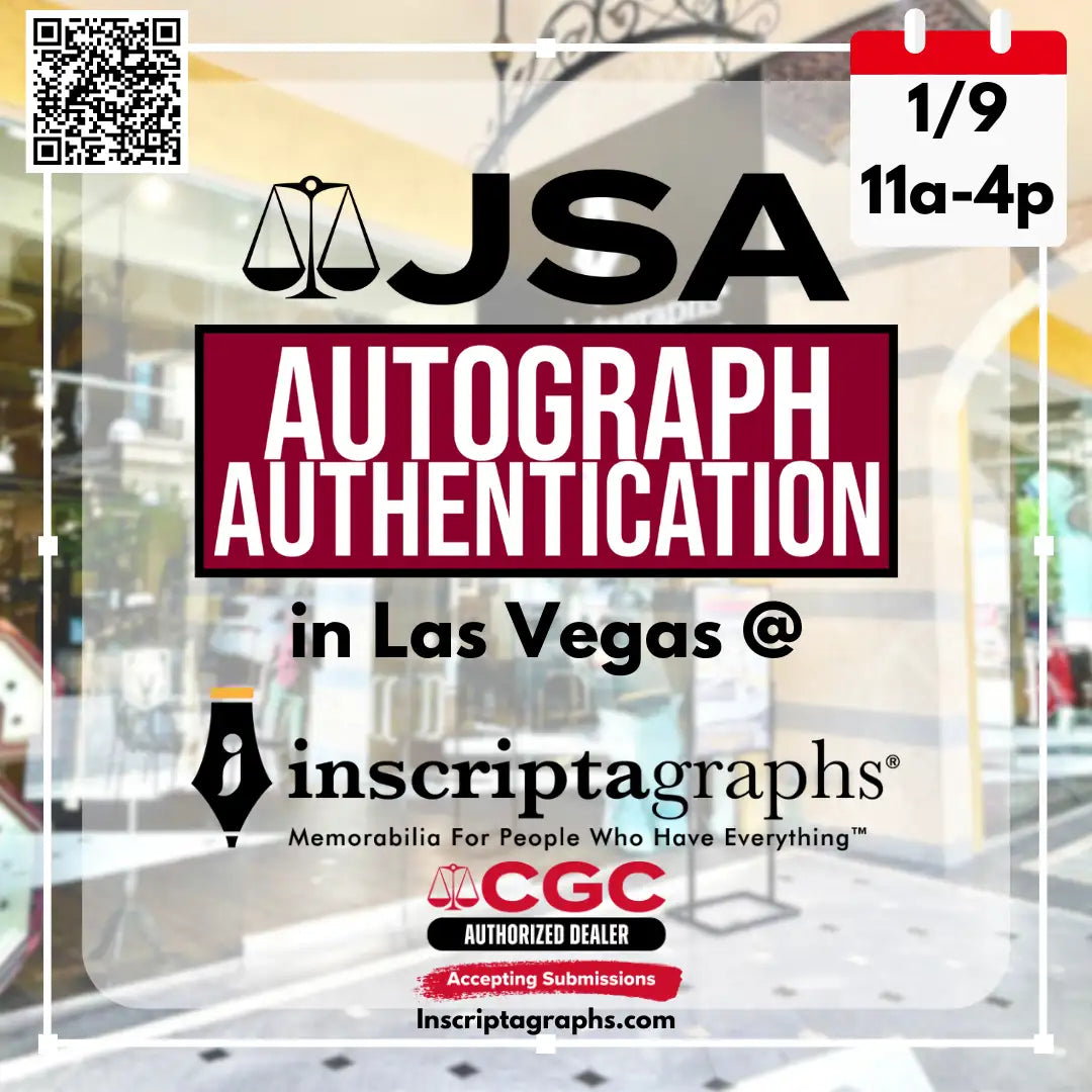 Jsa autograph authentication event poster in las vegas featuring bold black and maroon text with a scale icon, branded by inscriptagraphs as an authorized cgc dealer.