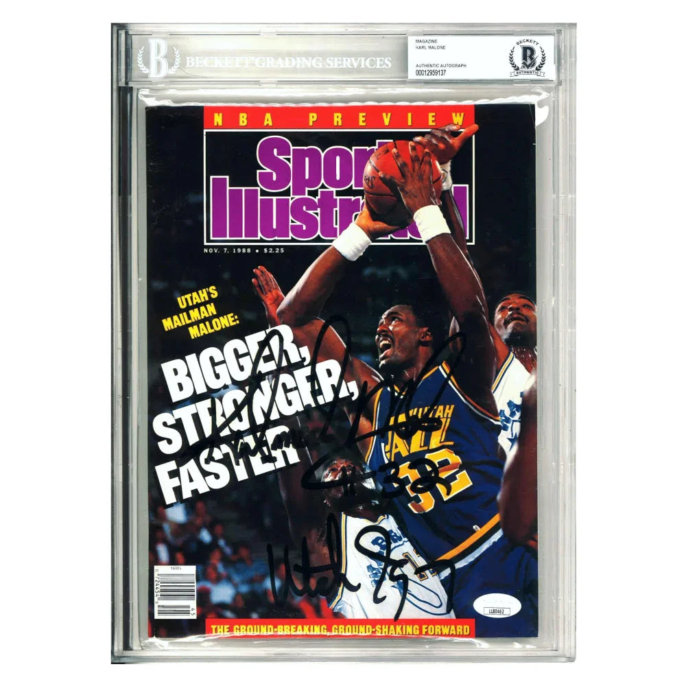 Karl Malone Autographed Sports Illustrated Magazine Jazz BAS Encapsulated Photo