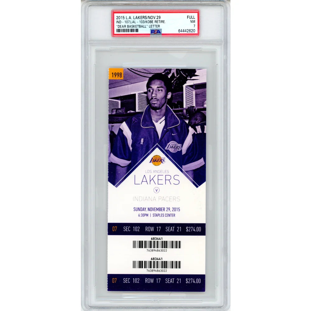 Kobe Bryant Dear Basketball Retirement Authentic Ticket 11/29/15 PSA 7 Lakers