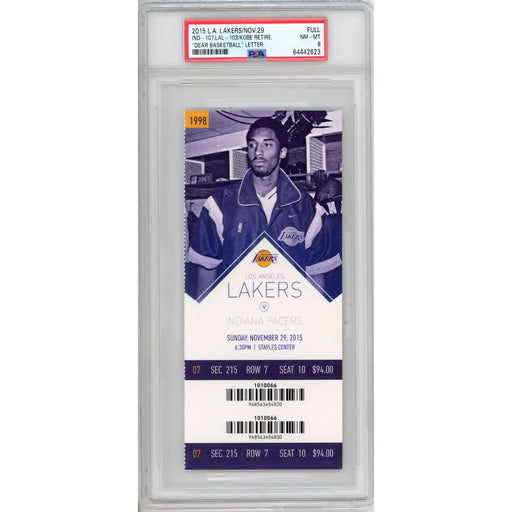 Kobe Bryant Dear Basketball Retirement Authentic Ticket 11/29/15 PSA 8 Lakers