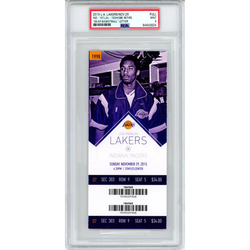 Kobe Bryant Dear Basketball Retirement Authentic Ticket 11/29/15 PSA 9 Lakers