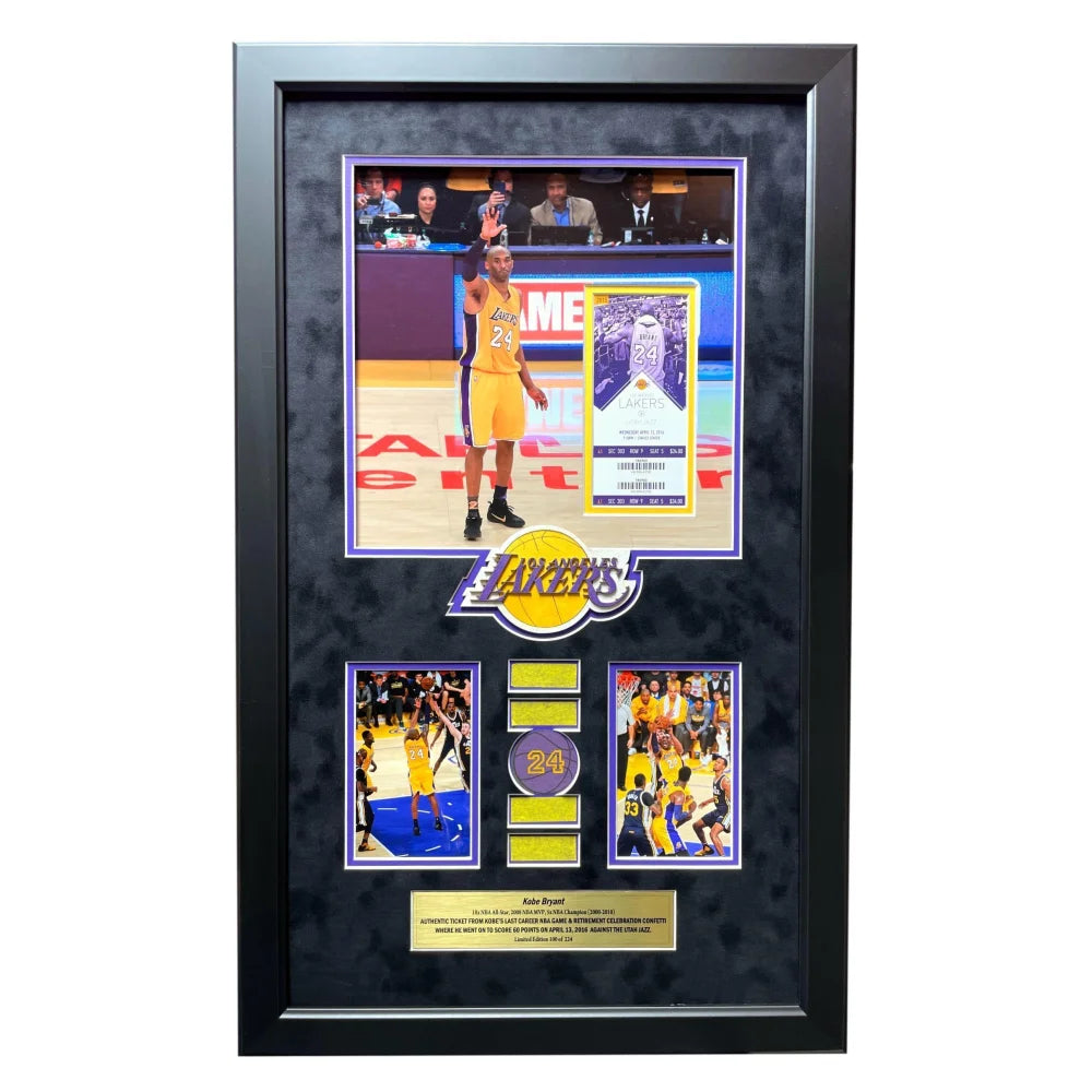 Kobe Bryant Final Authentic Game Ticket vs. Jazz & Used Confetti Framed Lakers