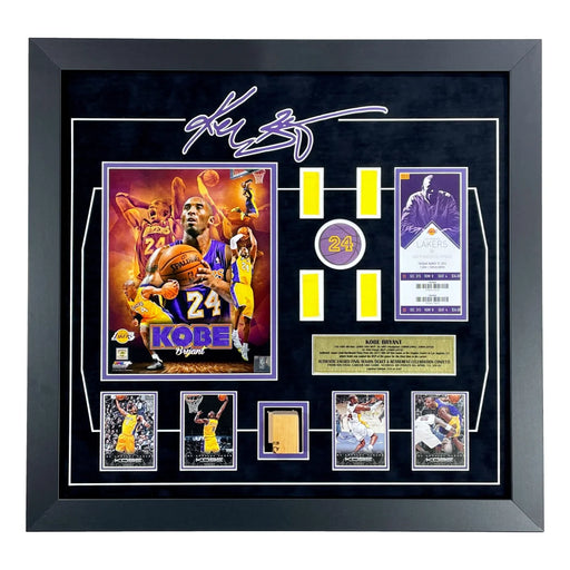 Kobe Bryant Final Lakers Game Used Authentic Floor Confetti & Season Ticket Collage Framed #D/50